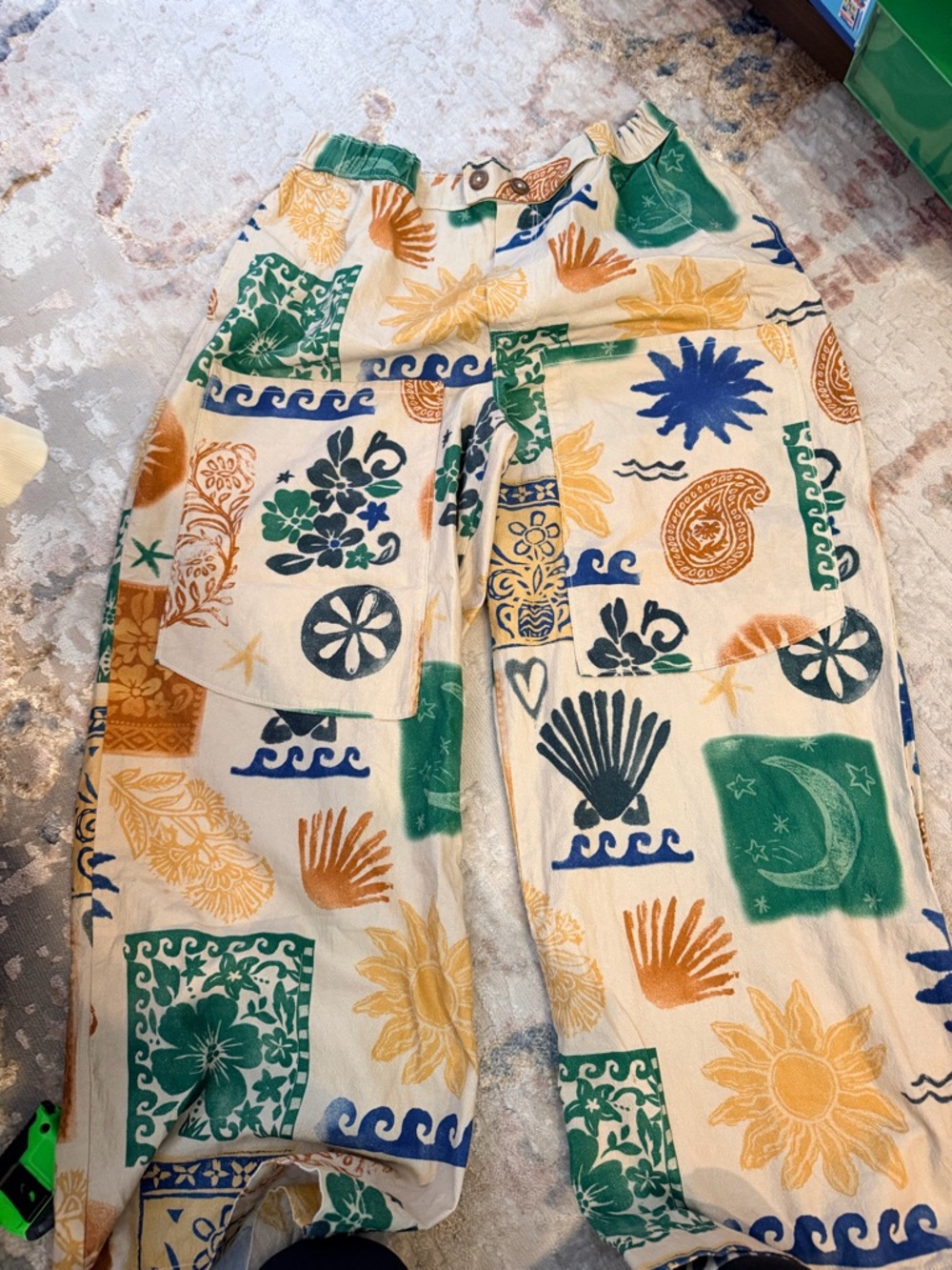Free People Cream Wide Leg Pants with Green, Blue & Gold Print